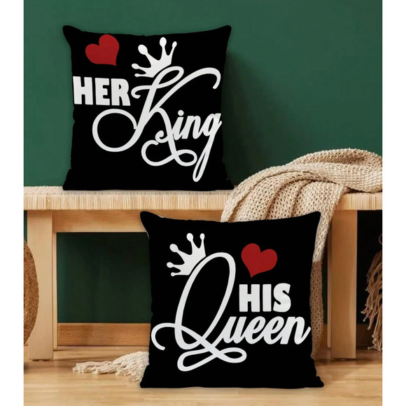 2pcs Romantic Hearts & Crowns Pillow Covers For Couples, Valentine's Day Blk/Red - Picture 1 of 5